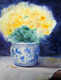 Yellow Mums in Blue and White Pot