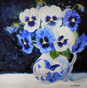 Blue and White Pansies in blue and white Jug -SOLD